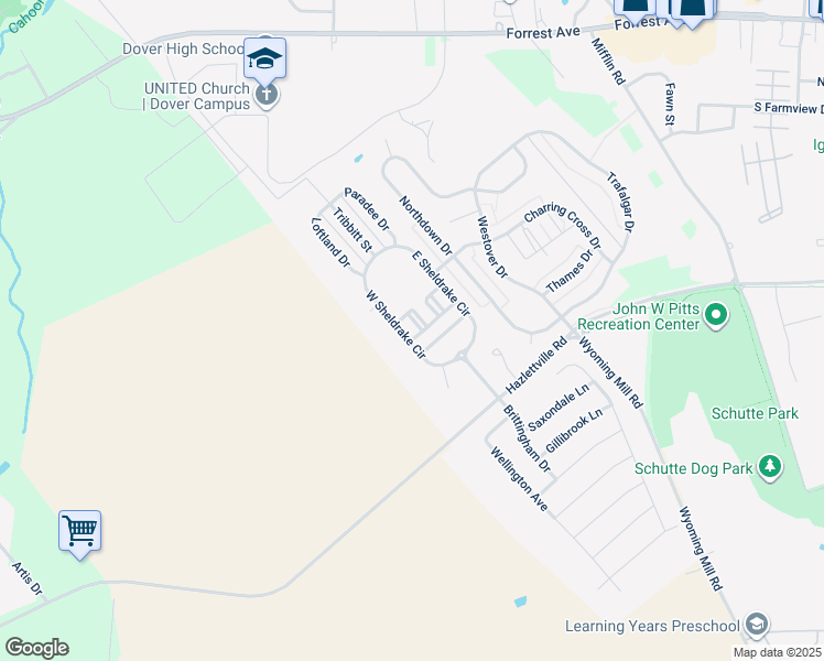 map of restaurants, bars, coffee shops, grocery stores, and more near 302 Jeffrey Place in Dover