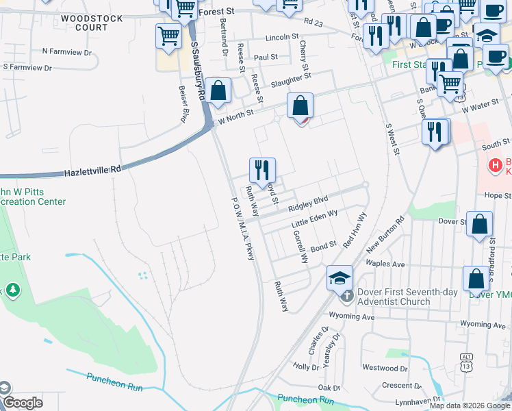 map of restaurants, bars, coffee shops, grocery stores, and more near 515 Ann Moore Street in Dover