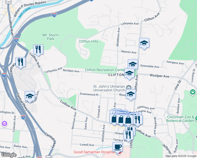 map of restaurants, bars, coffee shops, grocery stores, and more near 503 McAlpin Avenue in Cincinnati