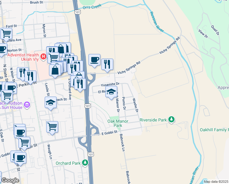 map of restaurants, bars, coffee shops, grocery stores, and more near 795 El Rio Street in Ukiah