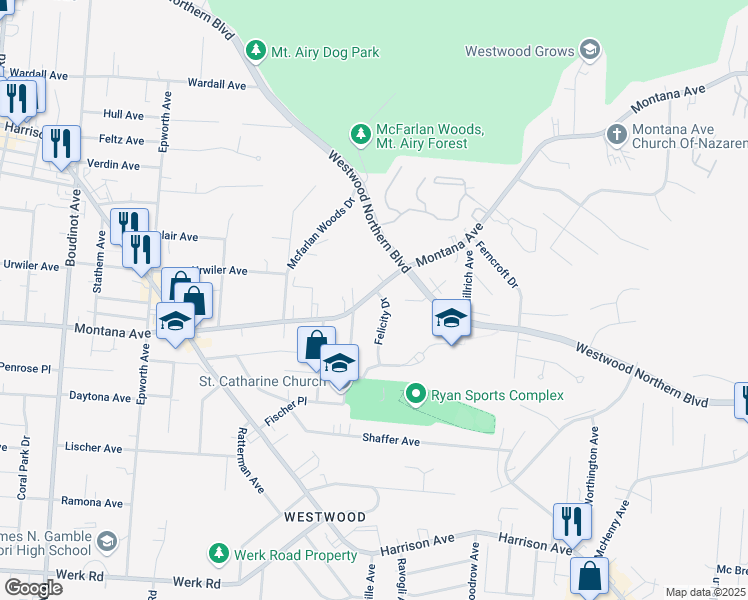 map of restaurants, bars, coffee shops, grocery stores, and more near 2797 Montana Avenue in Cincinnati