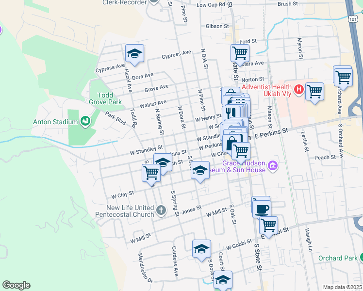 map of restaurants, bars, coffee shops, grocery stores, and more near 204 North Dora Street in Ukiah