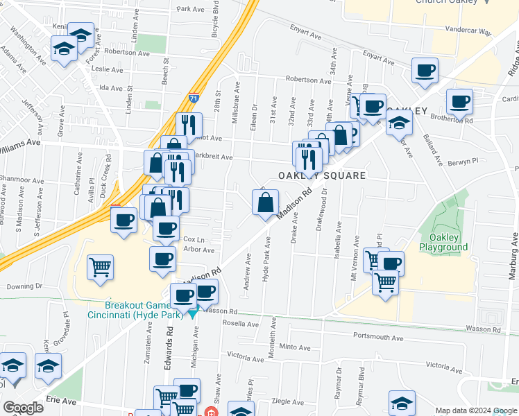 map of restaurants, bars, coffee shops, grocery stores, and more near 3860 Hyde Park Avenue in Cincinnati