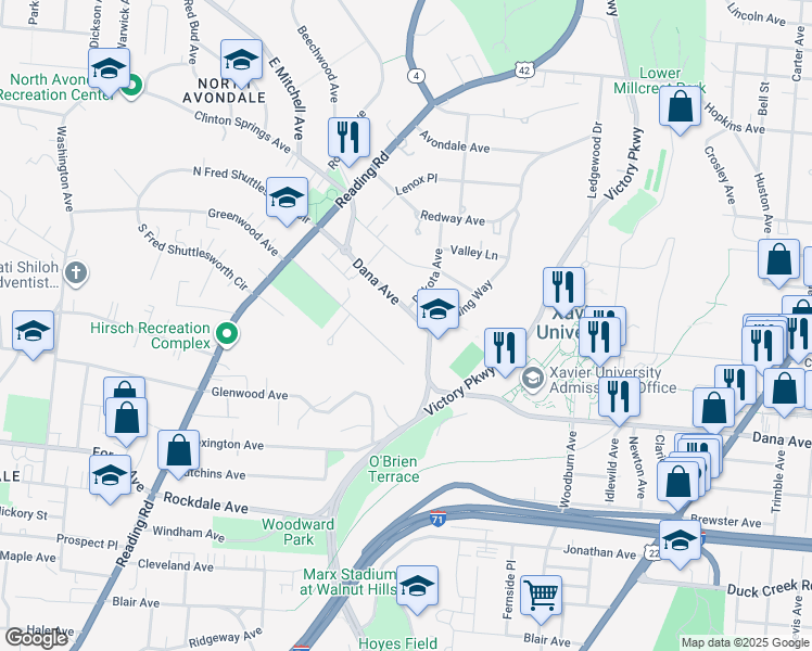 map of restaurants, bars, coffee shops, grocery stores, and more near 995 Dana Avenue in Cincinnati
