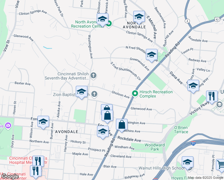 map of restaurants, bars, coffee shops, grocery stores, and more near 652 Gholson Avenue in Cincinnati