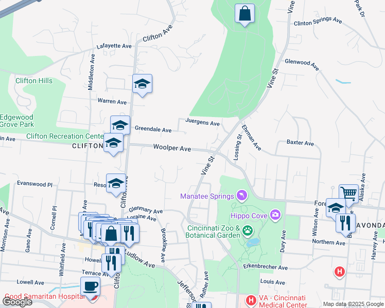 map of restaurants, bars, coffee shops, grocery stores, and more near 142 Woolper Avenue in Cincinnati
