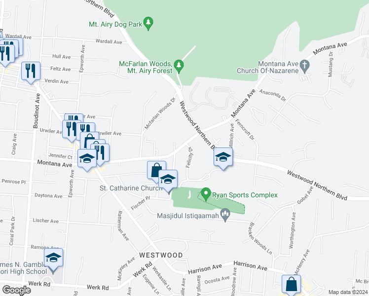 map of restaurants, bars, coffee shops, grocery stores, and more near 2797 Montana Avenue in Cincinnati