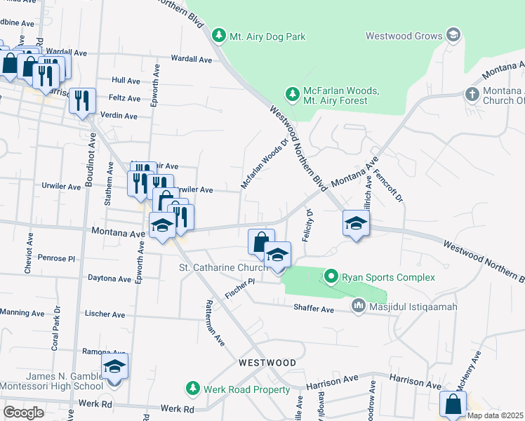 map of restaurants, bars, coffee shops, grocery stores, and more near 2872 Montana Avenue in Cincinnati