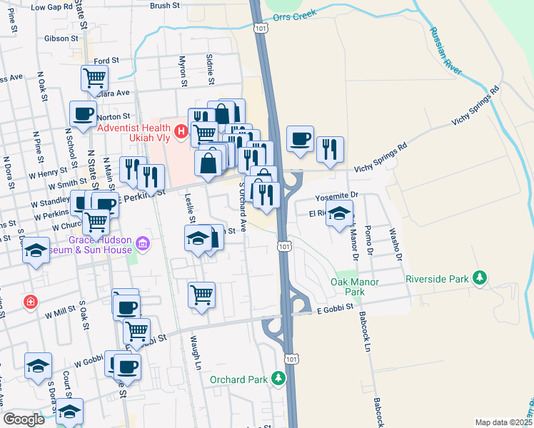 map of restaurants, bars, coffee shops, grocery stores, and more near 159 Orchard Plaza in Ukiah