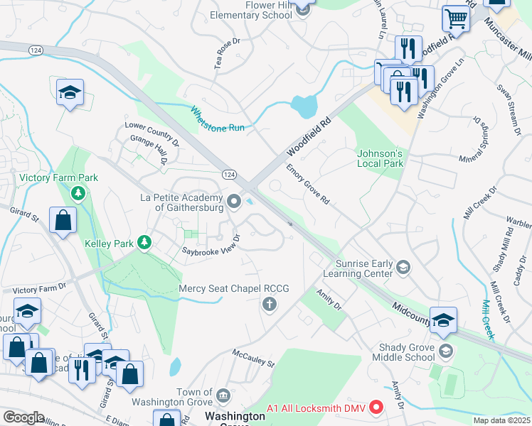 map of restaurants, bars, coffee shops, grocery stores, and more near 117 Bookham Lane in Gaithersburg