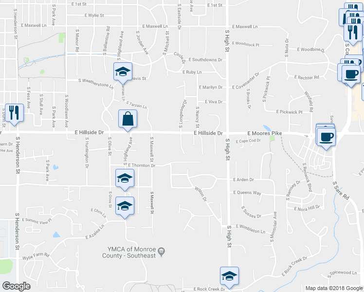 map of restaurants, bars, coffee shops, grocery stores, and more near 1625 South Dorchester Drive in Bloomington