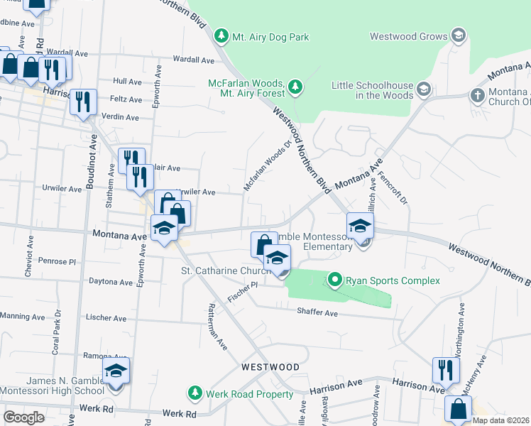 map of restaurants, bars, coffee shops, grocery stores, and more near 2872 Montana Avenue in Cincinnati