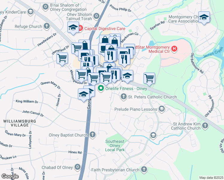map of restaurants, bars, coffee shops, grocery stores, and more near 17824 Buehler Road in Olney