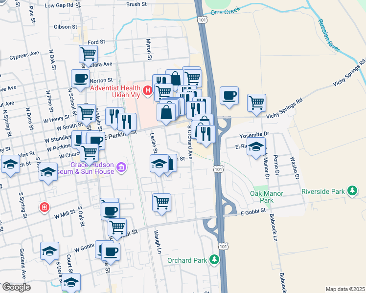 map of restaurants, bars, coffee shops, grocery stores, and more near 587 Stella Drive in Ukiah