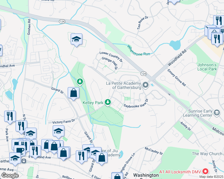 map of restaurants, bars, coffee shops, grocery stores, and more near 16 Grantchester Place in Gaithersburg