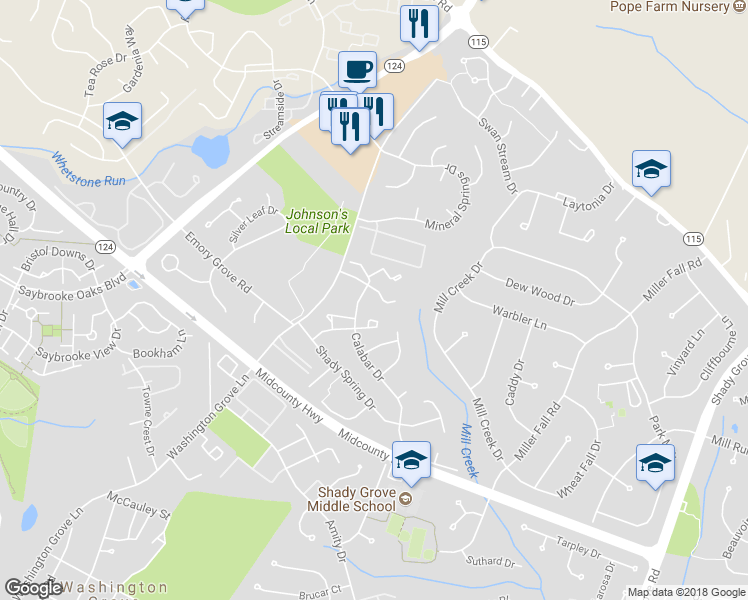 map of restaurants, bars, coffee shops, grocery stores, and more near 8114 Pepper Ridge Way in Gaithersburg