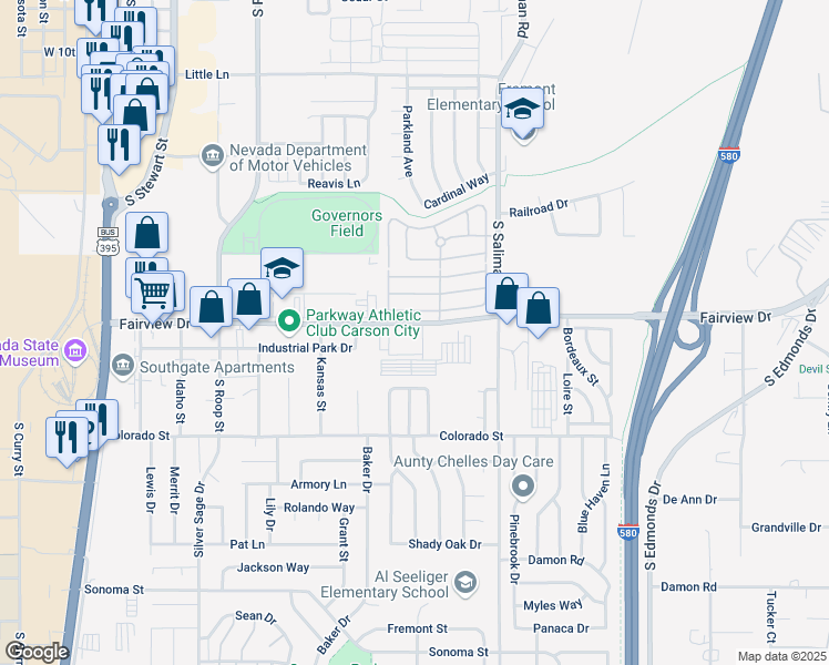 map of restaurants, bars, coffee shops, grocery stores, and more near 1083 Bandtail Drive in Carson City