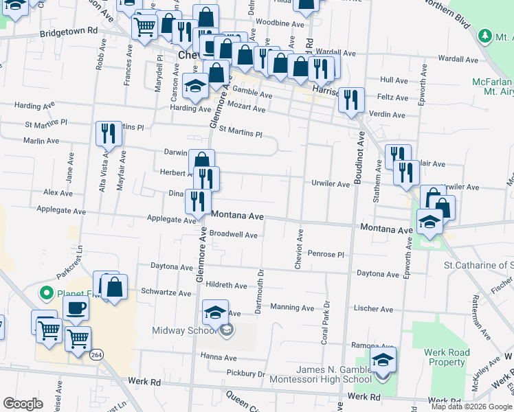 map of restaurants, bars, coffee shops, grocery stores, and more near 3516 Meadow Avenue in Cincinnati