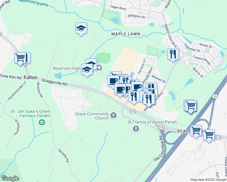 map of restaurants, bars, coffee shops, grocery stores, and more near West Market Place in Fulton
