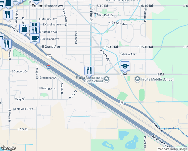 map of restaurants, bars, coffee shops, grocery stores, and more near 1801-1821 Wildcat Ave in Fruita