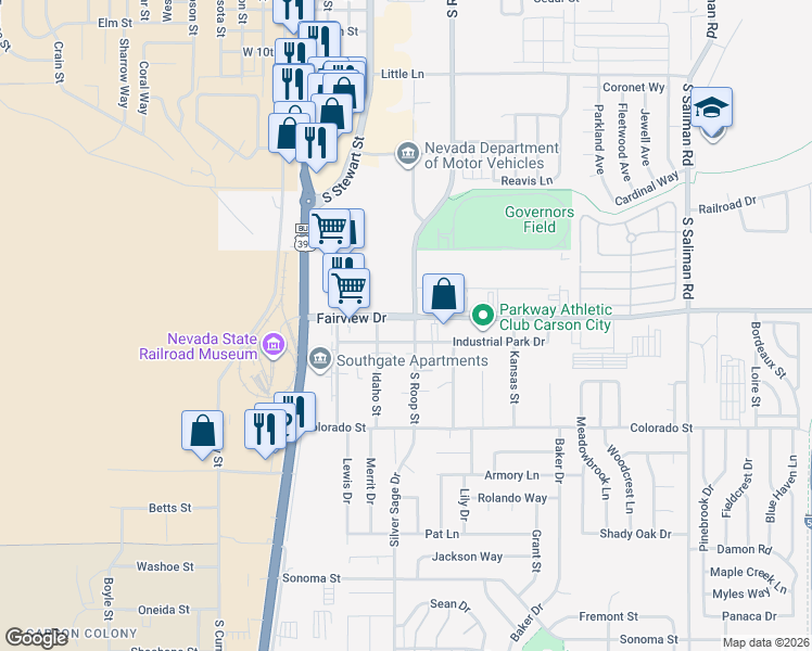 map of restaurants, bars, coffee shops, grocery stores, and more near 529 Fairview Drive in Carson City