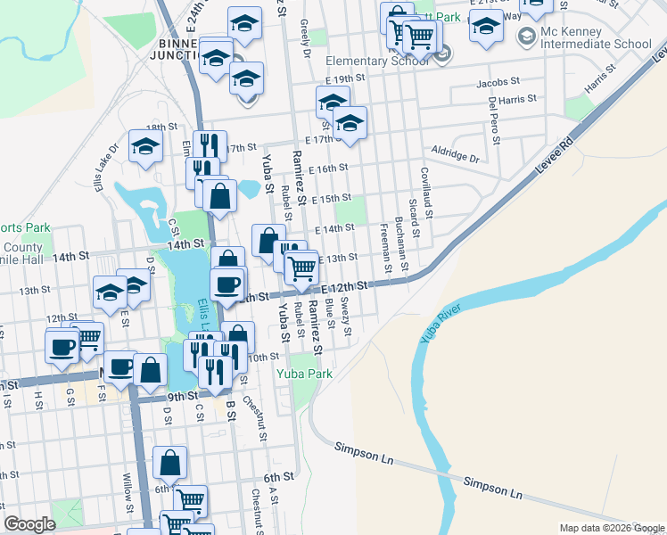 map of restaurants, bars, coffee shops, grocery stores, and more near 124 East 13th Street in Marysville