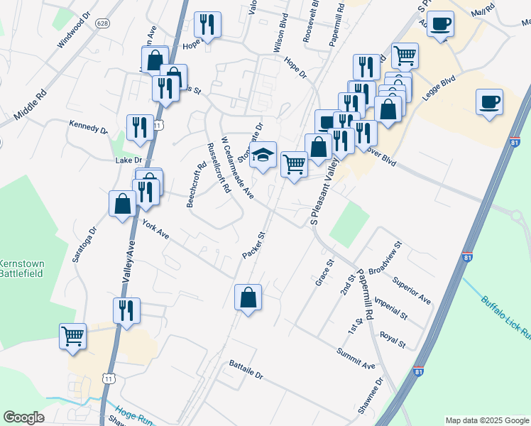 map of restaurants, bars, coffee shops, grocery stores, and more near 2833 Packer Street in Winchester