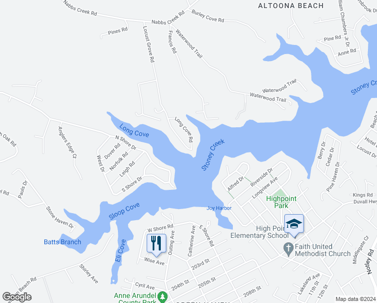 map of restaurants, bars, coffee shops, grocery stores, and more near 7739 Locust Grove Road in Glen Burnie