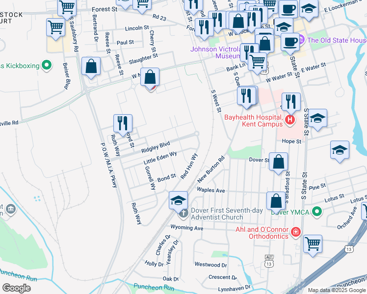 map of restaurants, bars, coffee shops, grocery stores, and more near 121 Little Eden Way in Dover