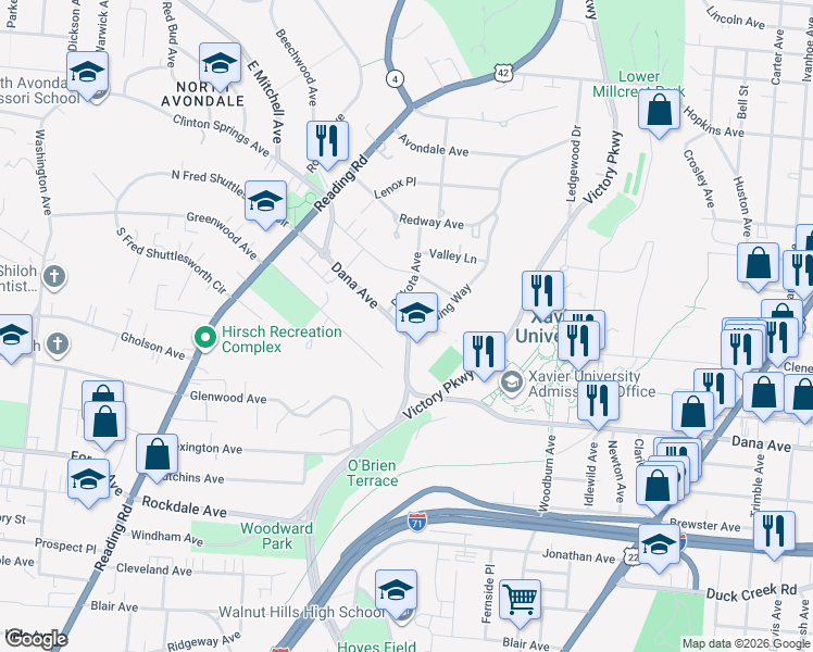 map of restaurants, bars, coffee shops, grocery stores, and more near 3801 Winding Way in Cincinnati