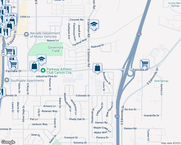 map of restaurants, bars, coffee shops, grocery stores, and more near 1501 Fairview Drive in Carson City