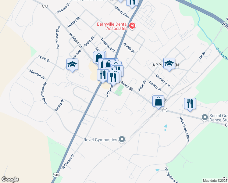 map of restaurants, bars, coffee shops, grocery stores, and more near 112 South Church Street in Berryville