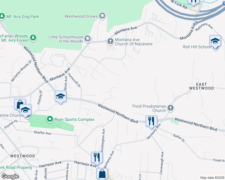 map of restaurants, bars, coffee shops, grocery stores, and more near 2516 Foxcove Court in Cincinnati