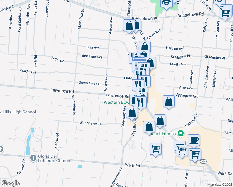 map of restaurants, bars, coffee shops, grocery stores, and more near 5522 Lawrence Road in Cincinnati