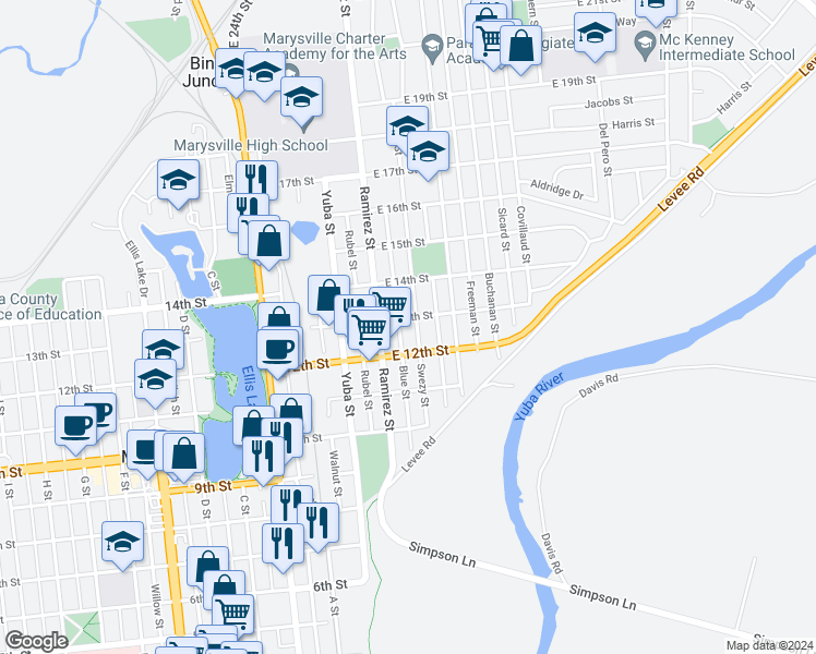 map of restaurants, bars, coffee shops, grocery stores, and more near 202 East 13th Street in Marysville