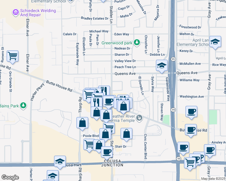 map of restaurants, bars, coffee shops, grocery stores, and more near 1450 Stabler Lane in Yuba City