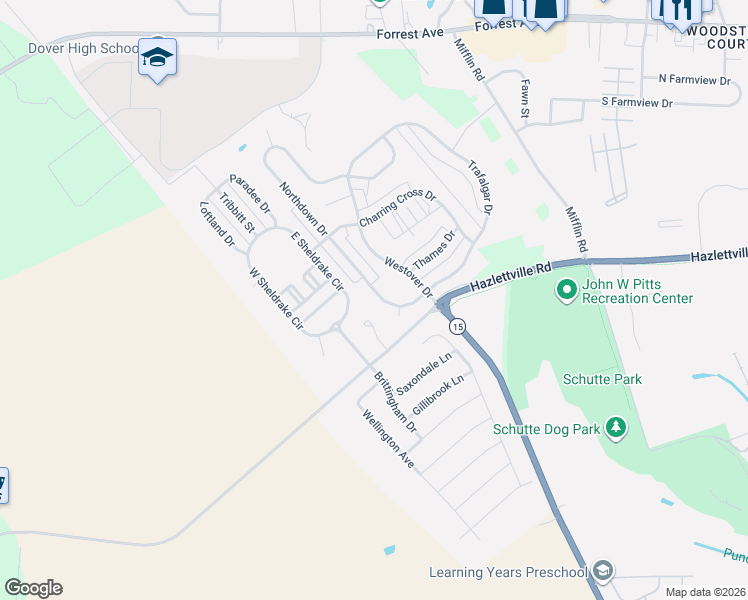 map of restaurants, bars, coffee shops, grocery stores, and more near 213 Northdown Drive in Dover