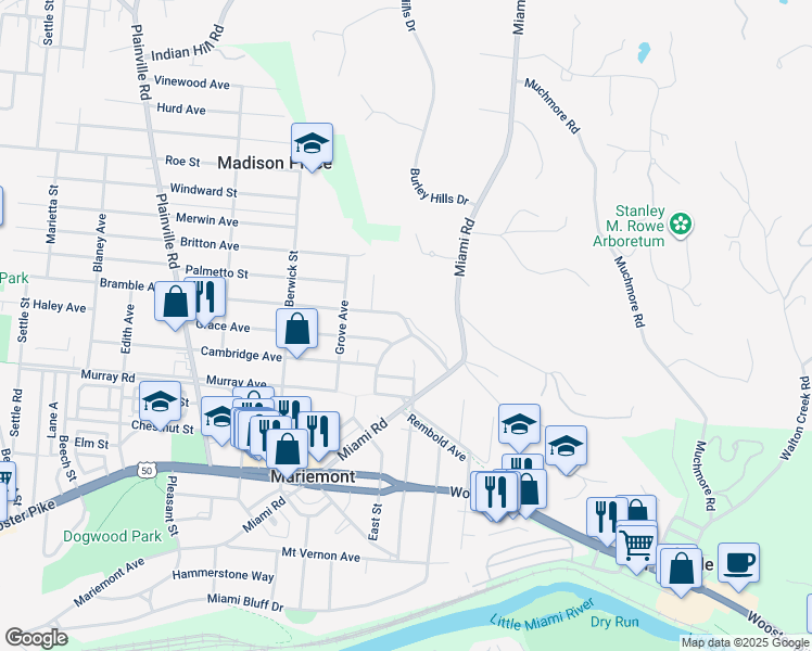 map of restaurants, bars, coffee shops, grocery stores, and more near 6998 Bramble Hill Drive in Cincinnati