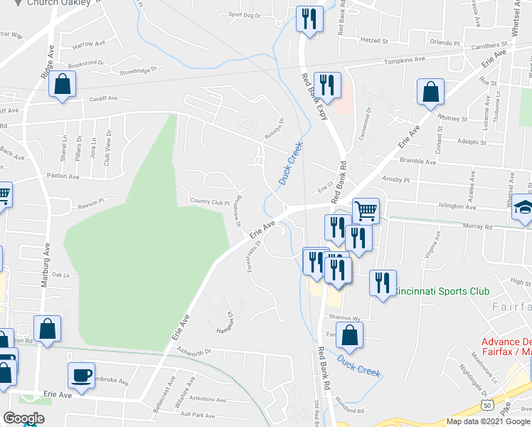 map of restaurants, bars, coffee shops, grocery stores, and more near 3955 Rosslyn Drive in Cincinnati