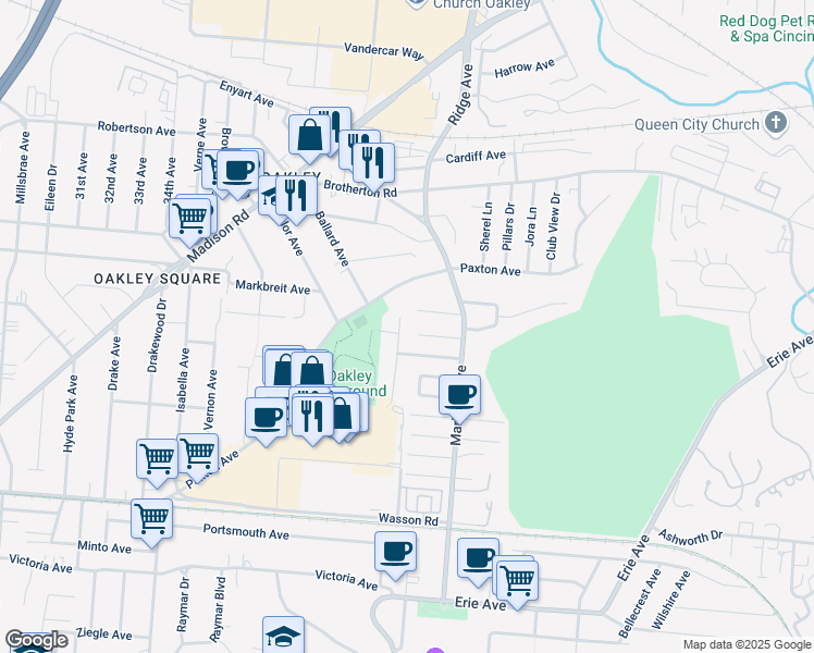 map of restaurants, bars, coffee shops, grocery stores, and more near 3361 Everson Avenue in Cincinnati