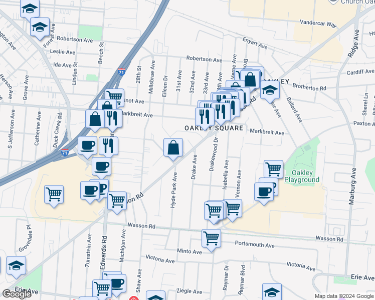 map of restaurants, bars, coffee shops, grocery stores, and more near 3820 Eileen Drive in Cincinnati