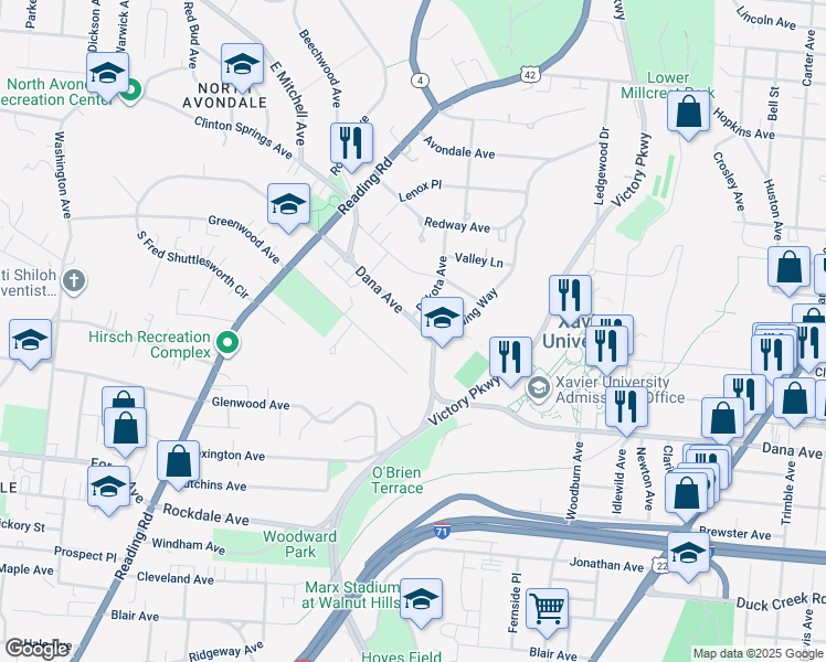 map of restaurants, bars, coffee shops, grocery stores, and more near 995 Dana Avenue in Cincinnati