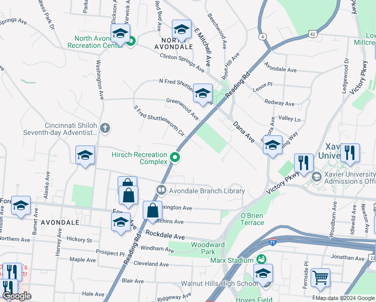 map of restaurants, bars, coffee shops, grocery stores, and more near 3655 Reading Road in Cincinnati