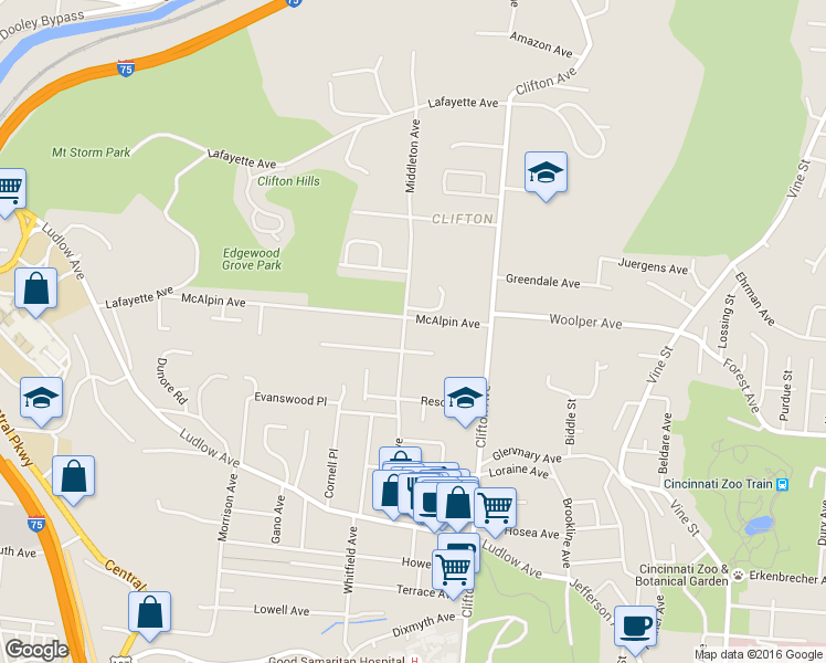 map of restaurants, bars, coffee shops, grocery stores, and more near in Cincinnati