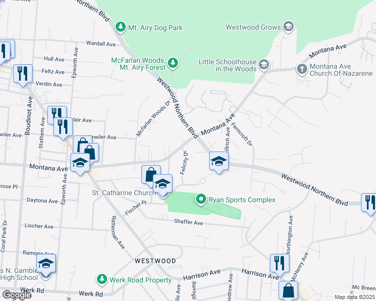 map of restaurants, bars, coffee shops, grocery stores, and more near 2797 Montana Avenue in Cincinnati