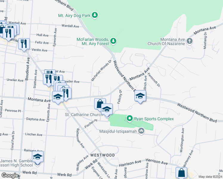 map of restaurants, bars, coffee shops, grocery stores, and more near 2824 Montana Avenue in Cincinnati