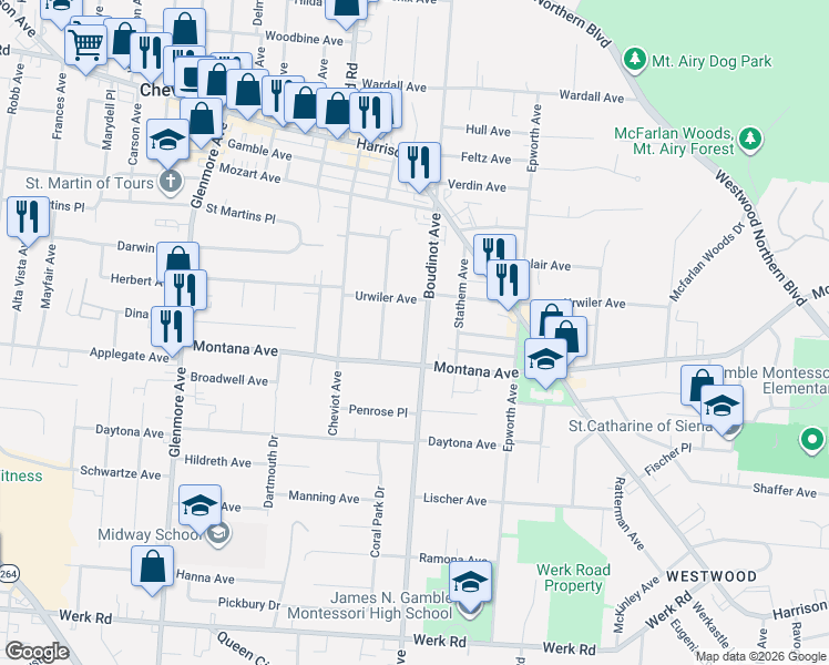 map of restaurants, bars, coffee shops, grocery stores, and more near 3426 Craig Avenue in Cincinnati