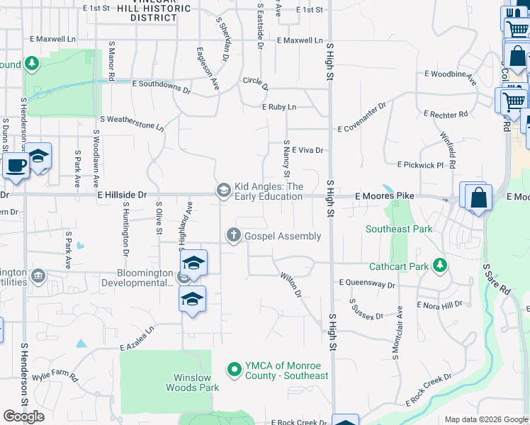map of restaurants, bars, coffee shops, grocery stores, and more near 1515 South Dorchester Drive in Bloomington