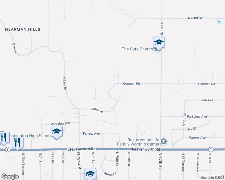 map of restaurants, bars, coffee shops, grocery stores, and more near 3436 North 70th Terrace in Kansas City