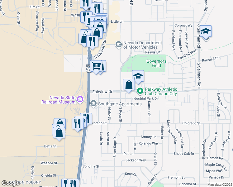 map of restaurants, bars, coffee shops, grocery stores, and more near 529 Fairview Drive in Carson City